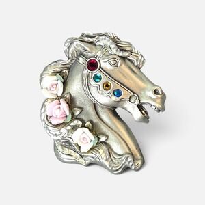Vintage Fable Silver Tone Horse Head Brooch with Porcelain Roses & Rhinestones